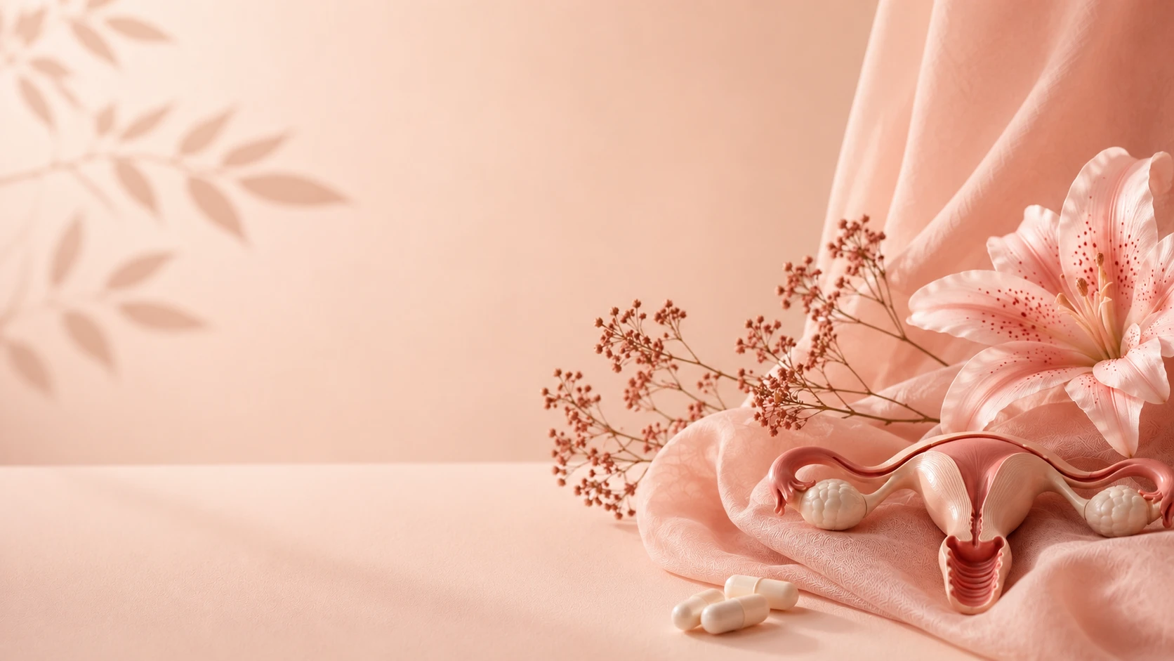 Ilustração acolhedora sobre saúde íntima feminina, em tons rosé e nude