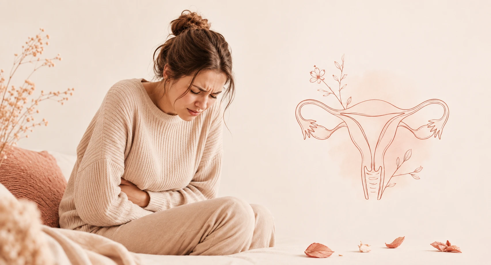 Ilustração delicada de um útero estilizado com traços finos em tons rosé e terracota sobre fundo nude claro, luz quente e suave