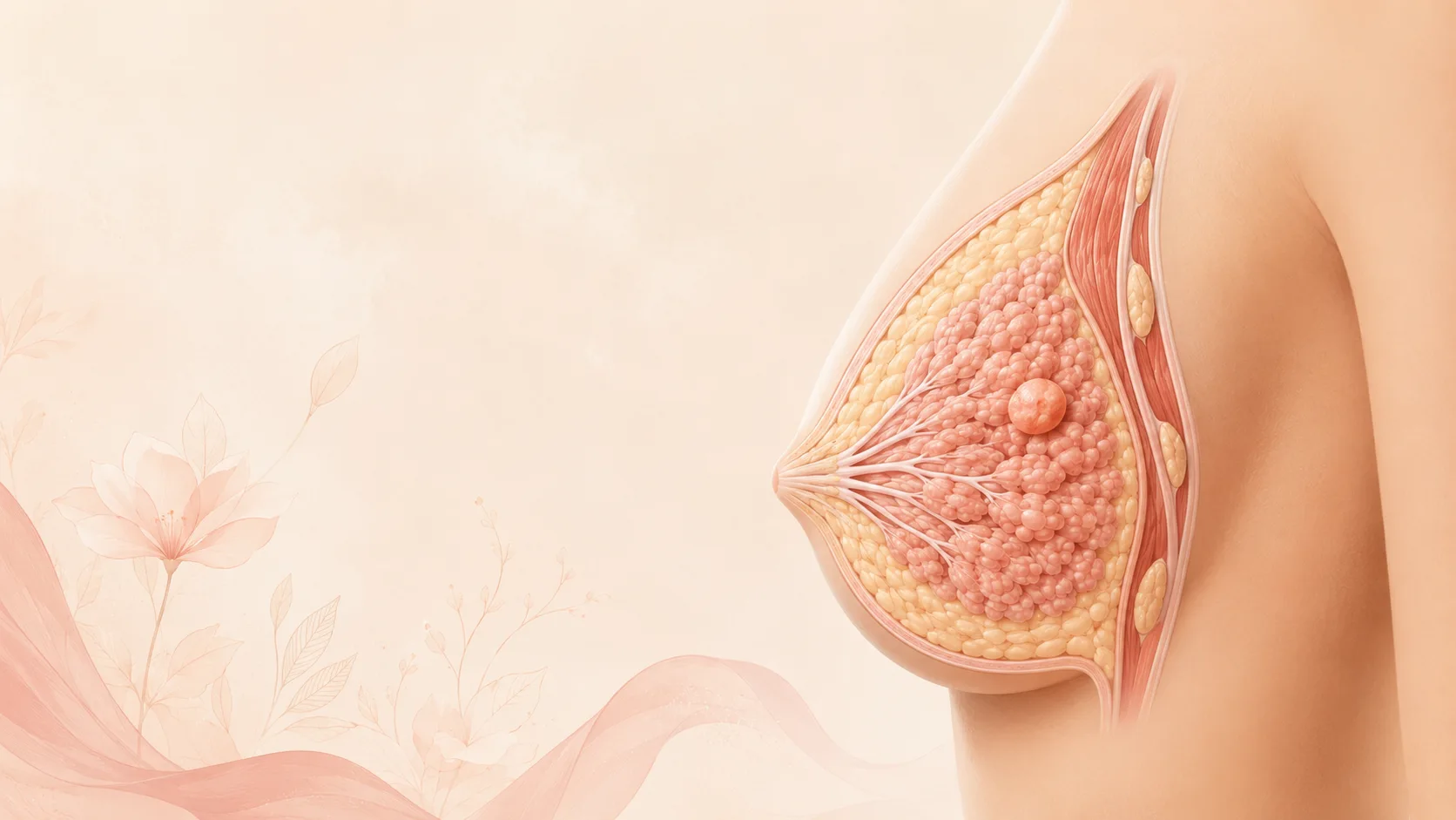 Ilustração delicada sobre a saúde das mamas, em tons rosé e nude