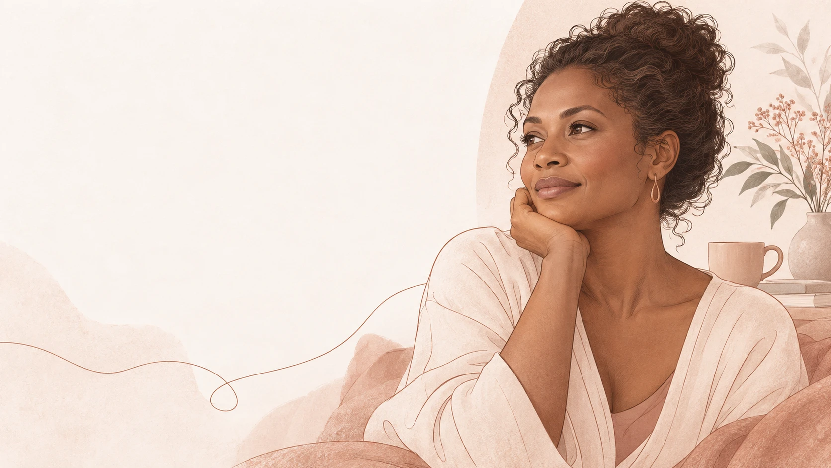 Ilustração acolhedora de uma mulher negra na faixa dos 40 anos em traços finos, tons rosé e terracota sobre fundo nude claro, luz quente e suave