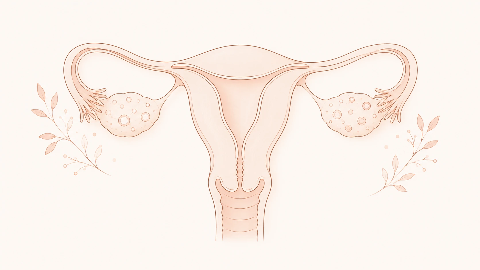 Ilustração delicada de um ovário estilizado com pequenos círculos ao redor, em tons rosé e nude sobre fundo claro
